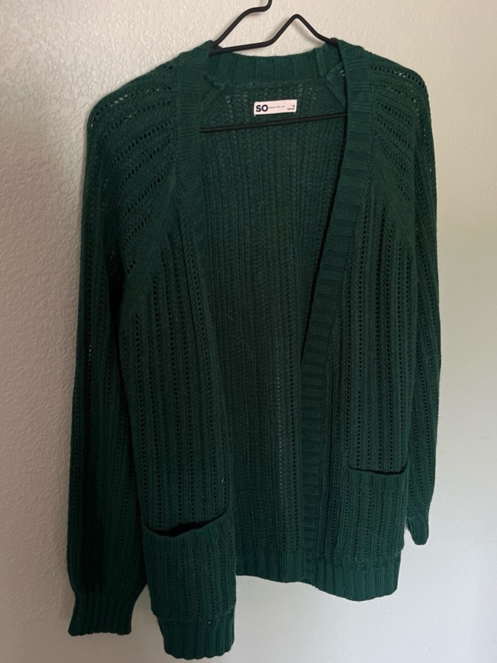 SO Dark Green Open-Front Knit Cardigan with Pockets